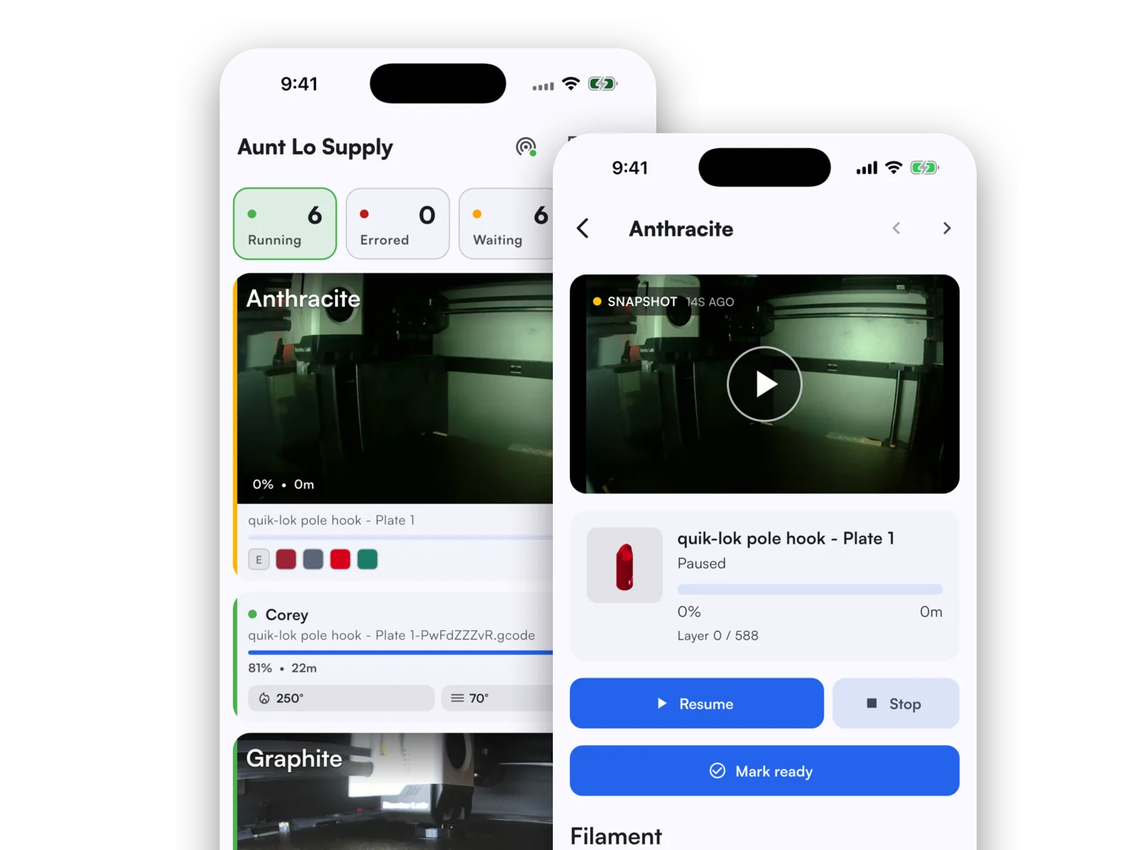 Printago mobile app on iPhone showing live printer cameras and print controls