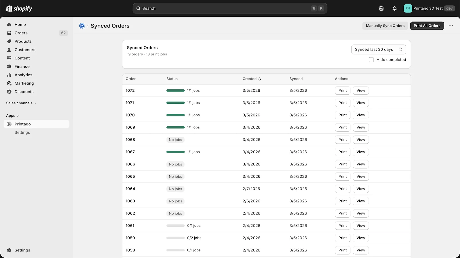Synced orders dashboard in Shopify